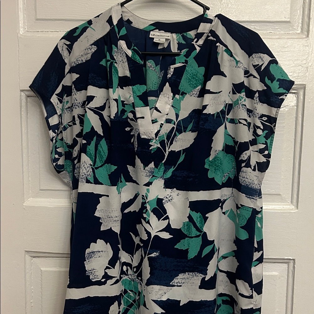 Liz Claiborne Navy and Green Floral Blouse